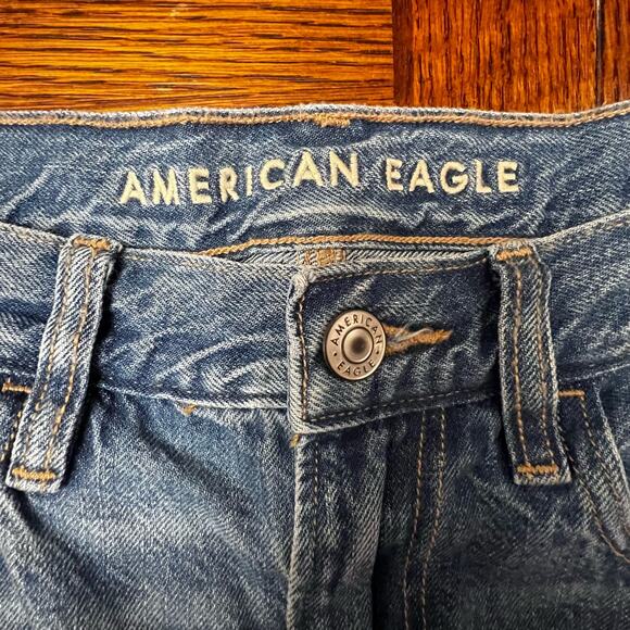 American Eagle AE Blue Denim Jean Straight Regular Destructed Distressed Size 4 - Picture 3 of 10